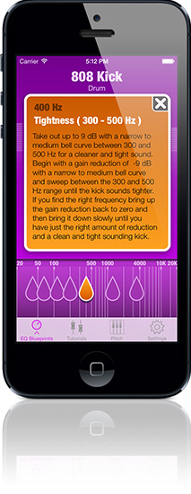 Mix Buddy on iPhone showing EQ Blueprints with frequency information