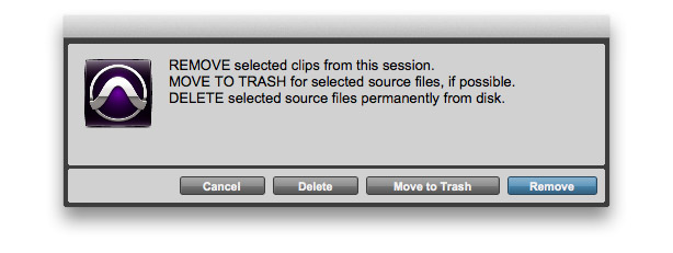 Move to trash option in Pro Tools Clear function of the Clip List.